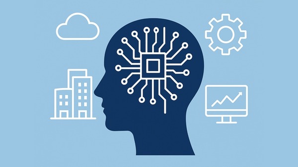 Dark blue human head silhouette with a white microchip brain, surrounded by white icons: cloud, buildings, gear, and a monitor showing an upward graph.