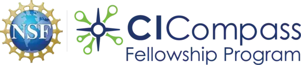 Logo for NSF CI Compass Fellowship Program featuring the NSF blue globe with gold gear, and a blue and green compass symbol.