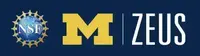 On a blue background: NSF logo (globe and gold gear), yellow University of Michigan M, and white ZEUS text.