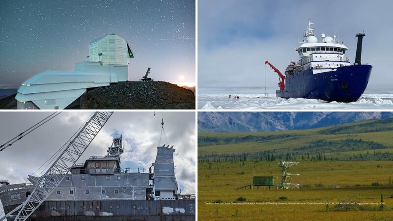 Rubin Observatory at night; RV Sikuliaq in ice; crane loading ship; research station in grassy landscape.
